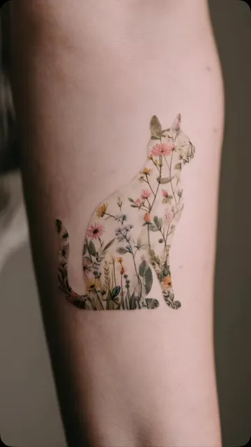 Wildflower cat tattoo design